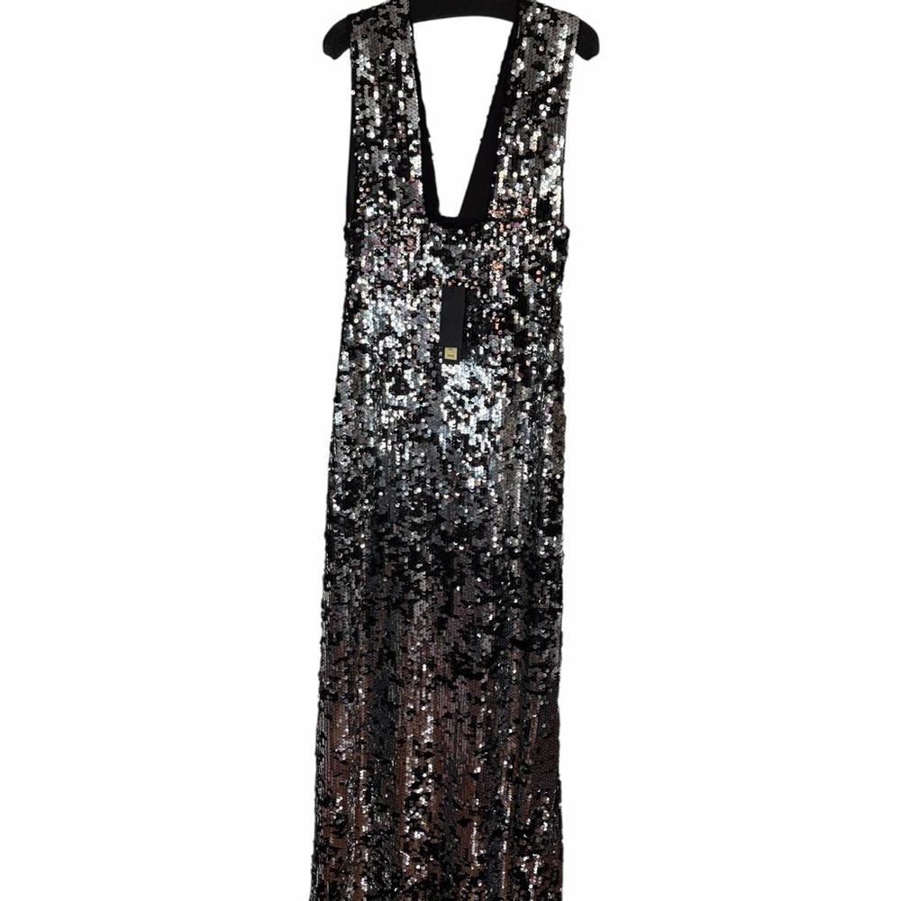 Rachel Zoe Silver/Black Sequin Deep V Gown – NWT – Size 2